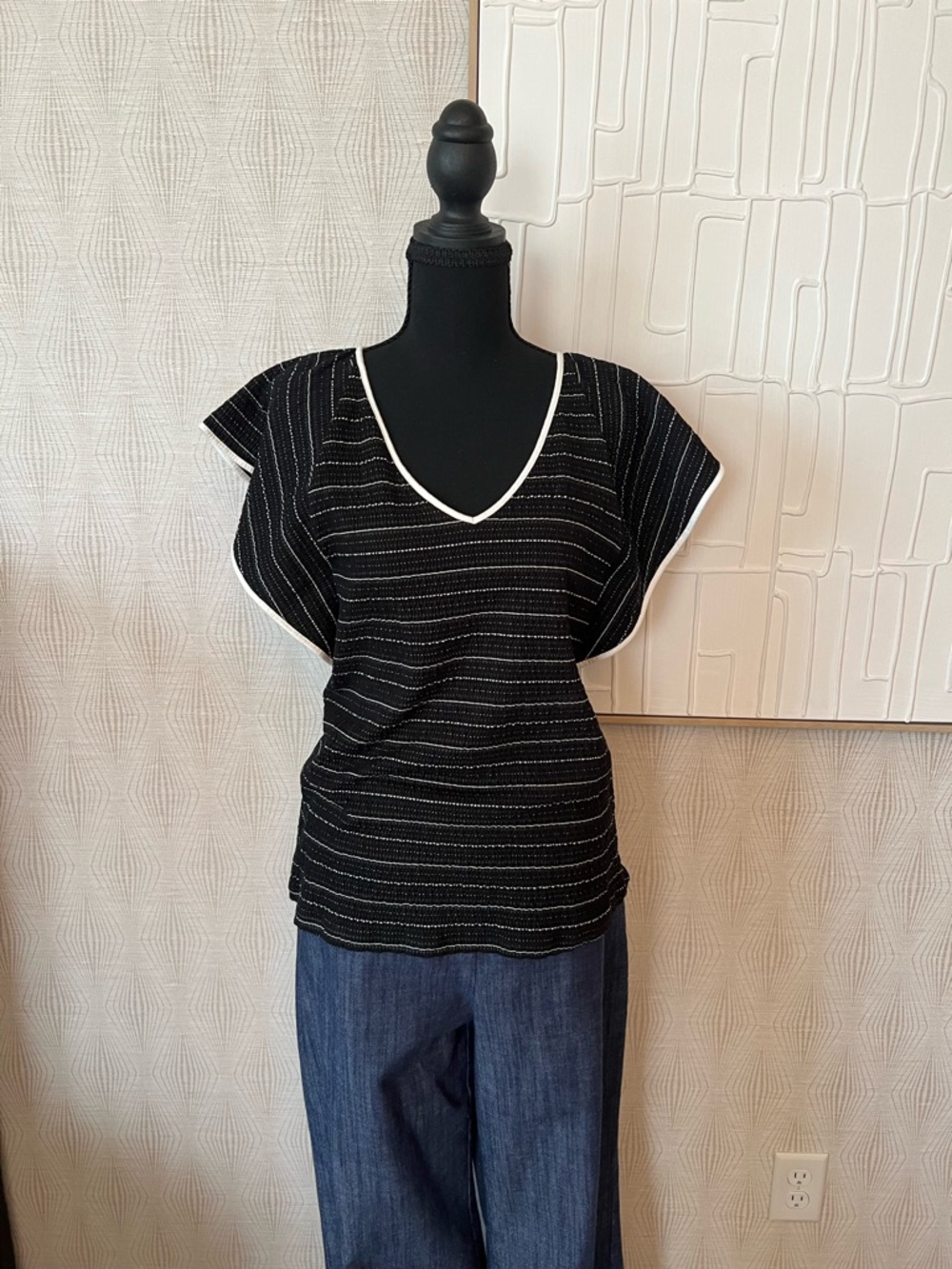Black Striped V-Neck Women’s Top with White Trim